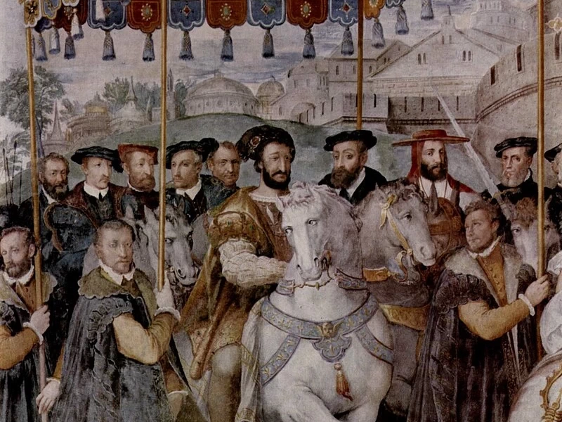 1529-Taddeo Zuccari - Entrata a Parigi di Francesco I, Carlo V e del cardinale Alessandro Farnese Affresco a Caprarola, 1559